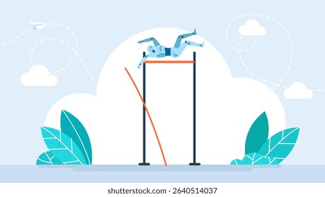 A robot performing a pole vault. A humanoid pole vaulting. Overcoming obstacles or achieving goals in the context of data or business. Vector illustration