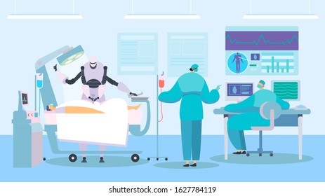 Robot performing surgery, future of healthcare industry, vector illustration. Modern hospital with advanced technologies, artificial intelligence concept. Robot surgeon in operation room modern clinic