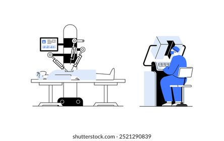 Robot performing surgery on patient lying on table Surgeon in blue operating the system. Ideal for medical technology future of healthcare robotics in medicine innovation surgery automation