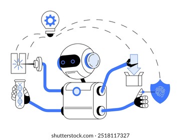 A robot performing tasks like coding, innovation, and research. Ideal for Technology, AI development, robotics, innovation, and science. Simple vector style.