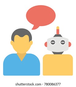 Robot and a person with chat bubble indicating chat robot flat icon