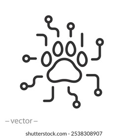 Icono del animal doméstico del robot, gato o perro del AI, inteligencia artificial de la pata, logotipo animal futuro, Ilustración vectorial fina de la línea