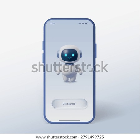 Robot phone chatbot for glass 3d ai and button text chat. Ui effect mockup for character speech robot and avatar box bot. Robot card circle for glass campaign phone and 3d icon frame