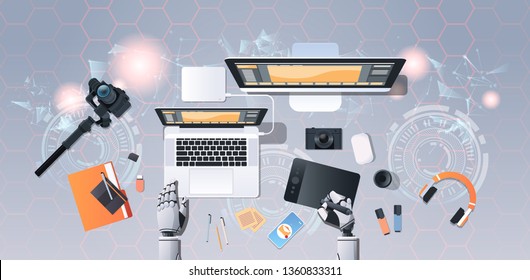 robot photographer hands at workplace robotic designer working graphic tablet using photographic equipment artificial intelligence concept top angle desktop view horizontal