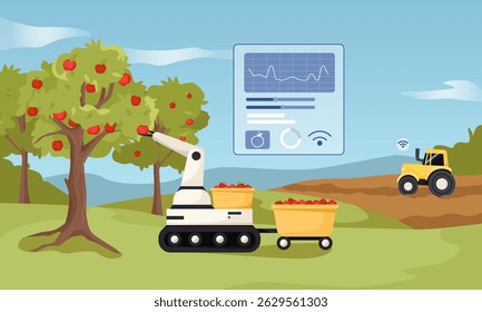 Robot picking apples on smart farm with digital interface, flat graphic style, outdoor natural background. Concept of smart agriculture. Vector illustration