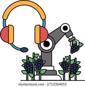 Ein Roboter erntet Trauben auf einem Feld. Der Roboter trägt ein Headset. Der Roboter ist von Pflanzen und Reben umgeben