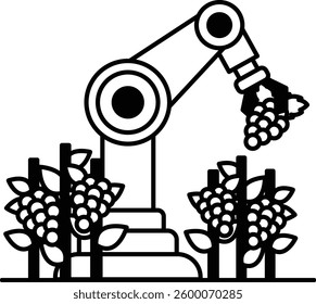 A robot is picking grapes from a vineyard