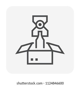 Robot picking up, packaging, packing vector icon. With robot hand, arm, product, cardboard box. Automation engineering technology for beverage processing industry, production, manufacturing. 64x64 px.