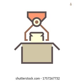 La mano robot coloca el producto en el embalaje de caja en el diseño de iconos vectoriales de producción de alimentos en fondo blanco, 64x64 píxeles perfecto y editable trazo.