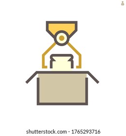 La mano robot coloca el producto en el embalaje de caja en el diseño de iconos vectoriales de producción de alimentos en fondo blanco, 64x64 píxeles perfecto y editable trazo.