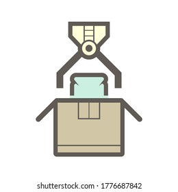 Robot picking up, packaging, packing vector icon. Consist of robot hand, arm, product, cardboard box. Automation and engineering technology for food processing industry, production and manufacturing.