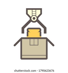 Robot picking up, packaging, packing vector icon. Consist of robot hand, arm, product, cardboard box. Automation and engineering technology for industry, assembly, production, manufacturing, process.
