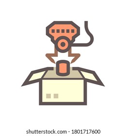 Robot picking up, packaging, packing vector icon. Consist of robot hand, arm, product, cardboard box. Automation and engineering technology for industry, assembly, production, manufacturing, process.