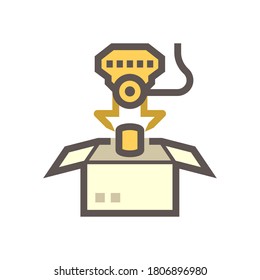 Robot picking up, packaging, packing vector icon. Consist of robot hand, arm, product, cardboard box. Automation and engineering technology for industry, assembly, production, manufacturing, process.