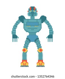 Robot pixel art. Cyborg 8 bit style. Old game graphics