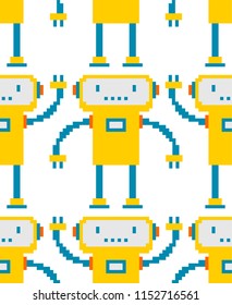Robot pixel art pattern seamless. 8 bit cyborg background. Digital technology ornament toy Vector illustration