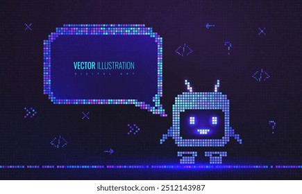 Robot pixel art con burbuja de discurso en estilo retro sobre fondo digital negro. Concepto de enseñanza de codificación a niños y adolescentes, programación, materiales educativos en campos STEM. Vector