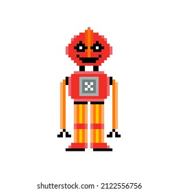 Robot  in pixel art style on white background.