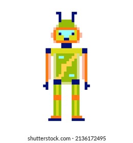 Robot  in pixel art style on white background.