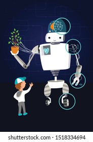 Robot with plant in his hand. Flat character vector illustration.