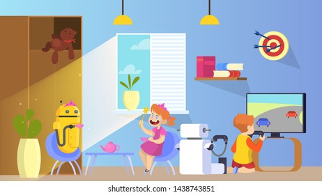 Robot play with children. Robotic babysitter helping at home. Artificial intelligence concept. Vector illustration in cartoon style