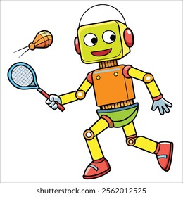 A robot playing badminton, hitting a shuttlecock.