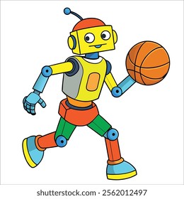 A robot playing basketball, jumping to make a slam dunk.