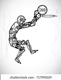 robot playing basketball on tech background. vector illustration.