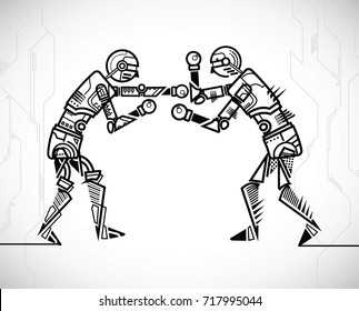 robot playing boxing on tech background. vector illustration.