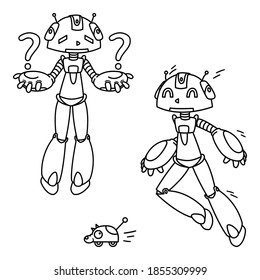 Robot playing catch-up with a toy. Confused cyborg asking a question. Vector illustration isolated on white background. Picture for coloring book.
