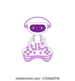 Robot playing console joystick violet linear object. Video game bot thin line symbol. Non player character, artificial intelligence technology isolated outline illustration on white background