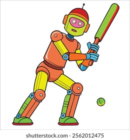 A robot playing cricket, batting the ball.