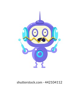 Robot Playing With Electricity Flat Childish Cartoon Style Vector Drawing Isolated On White Background