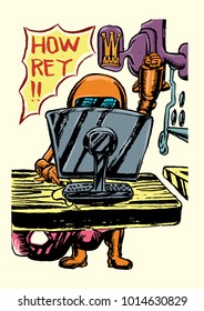 robot playing game on the computer desktop hand draw illusrtation 