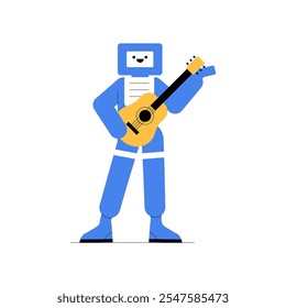 Robot Playing Guitar In Flat Vector Illustration Symbolizing Music, Creativity, And Entertainment, Isolated On White Background.