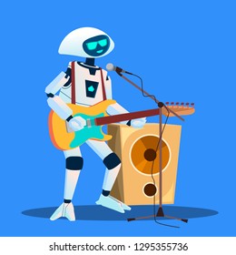 Robot Playing Guitar And Singing Vector. Isolated Illustration