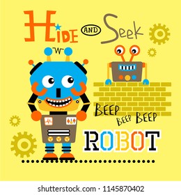 robot playing hide and seek funny cartoon,vector illustration