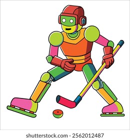 A robot playing hockey, skating with a puck