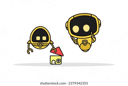 A robot playing house with a friend is isolated. Suitable for storybook and mascot designs.