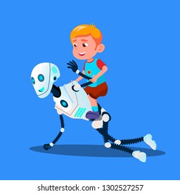 Robot Playing With Little Kid Boy Sitting On His Back Vector. Isolated Illustration