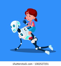 Robot Playing With Little Kid Girl Sitting On His Back Vector. Isolated Illustration