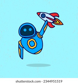 Robot playing rocket toy. Premium vector isolated in flat cartoon style. Suitable for icons, stickers, games and graphic elements.