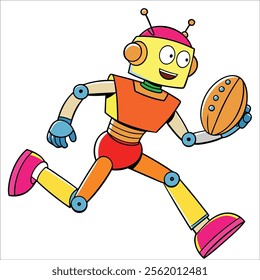 A robot playing rugby, running with the ball.