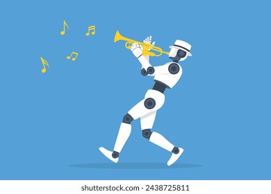 A robot is playing a trumpet and the notes are floating in the air, Concept of using artificial intelligence AI technology to create music, compose music, and create sound. svg