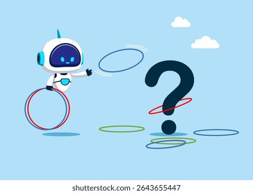 Robot plays throwing ring game. Decide precision challenge test. Question mark  to search for curiosity explore unknown, new business opportunity, success concept. Flat vector illustration