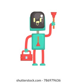Robot plumber character, android holding tool box and plunger cartoon vector illustration