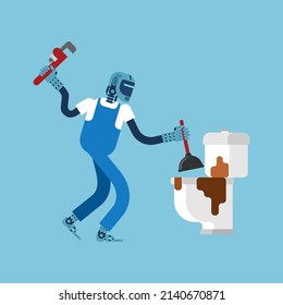 Robot plumber isolated. Cyborg Plumber of the future. Vector illustration