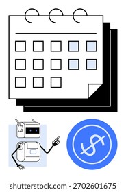 Robô apontando para o calendário com datas realçadas e círculo de símbolo de dólar. Ideal para automação, planejamento financeiro, eficiência, programação, integração de IA, gerenciamento de tempo, fintech. Metáfora de linha