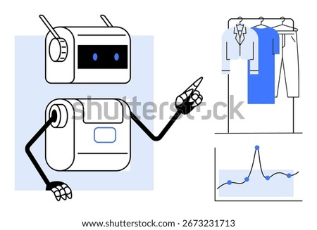 Robot pointing at a clothing rack with shirts and pants, next to a graph. Ideal for technology, fashion, retail, AI, shopping, data analysis automation. Line metaphor