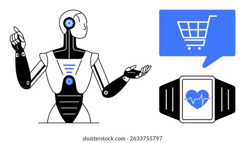 Robot pointing to a digital shopping cart icon and smartwatch with heart rate. Ideal for AI, tech, ecommerce, healthcare, innovation, futuristic concepts, human-robot interaction. Line metaphor